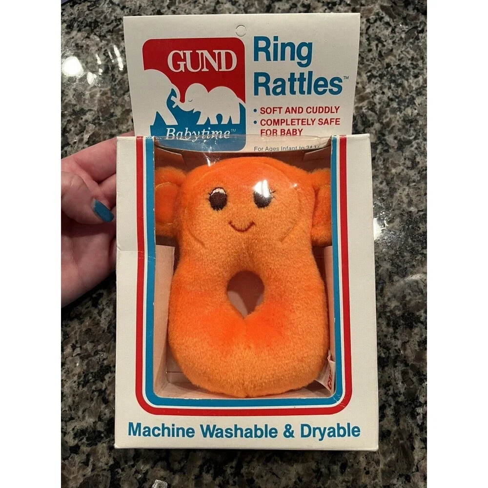 Vtg 1982 Gund Ring Rattles monkey rattle Stuffed Plush baby toy orange new nos